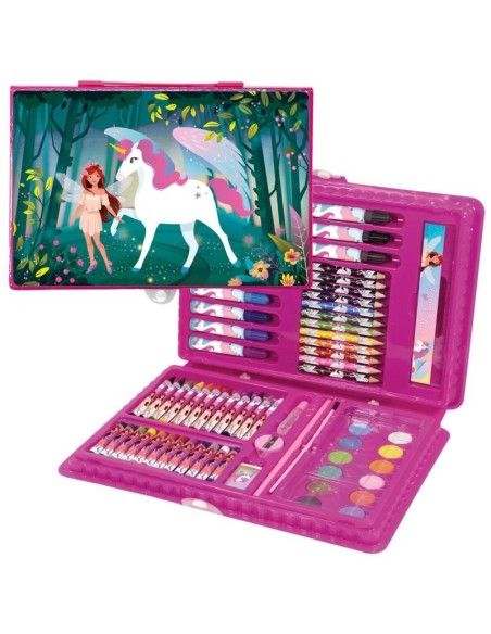 Set de desenat roz pentru fetite, 71 de piese, Cleo and Frank, Unicorn si Zana, creioane, carioci si accesorii, Derform produse 
