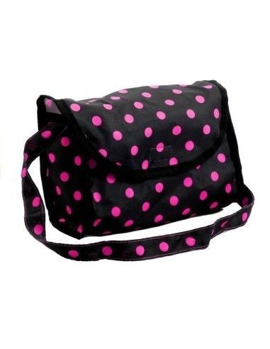 Carucior de calitate papusi, negru cu buline roz, LeanTo, cadou fetite