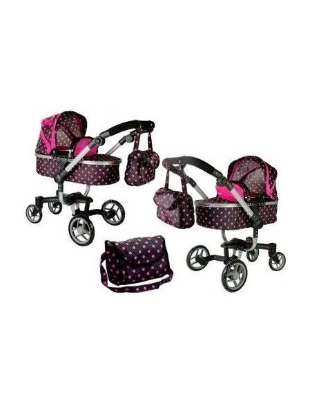 Carucior de calitate papusi, negru cu buline roz, LeanTo, cadou fetite