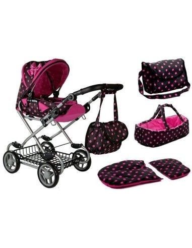 Carucior pentru papusi cu landou, negru cu buline roz, LeanToys, 5251