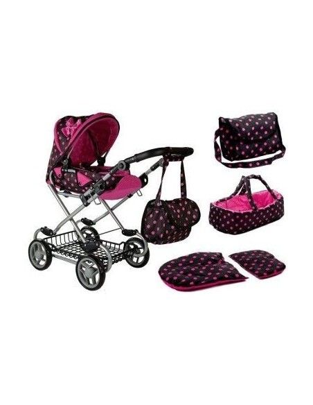 Carucior pentru papusi cu landou, negru cu buline roz, LeanToys, 5251