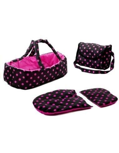 Carucior pentru papusi cu landou, negru cu buline roz, LeanToys, 5251