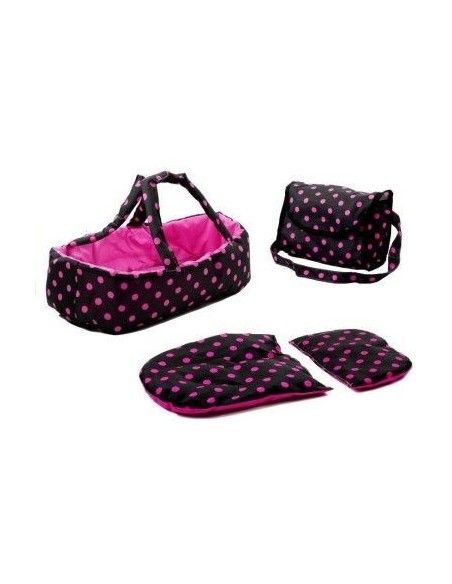 Carucior pentru papusi cu landou, negru cu buline roz, LeanToys, 5251