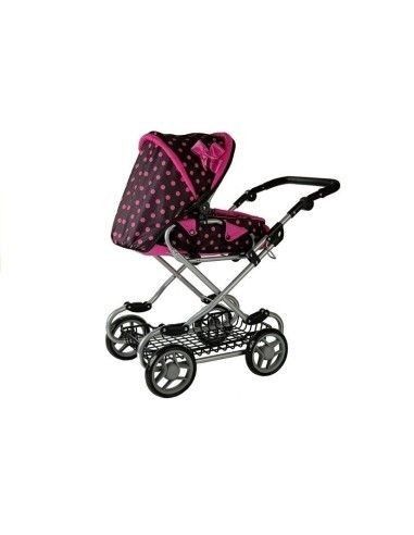 Carucior pentru papusi cu landou, negru cu buline roz, LeanToys, 5251