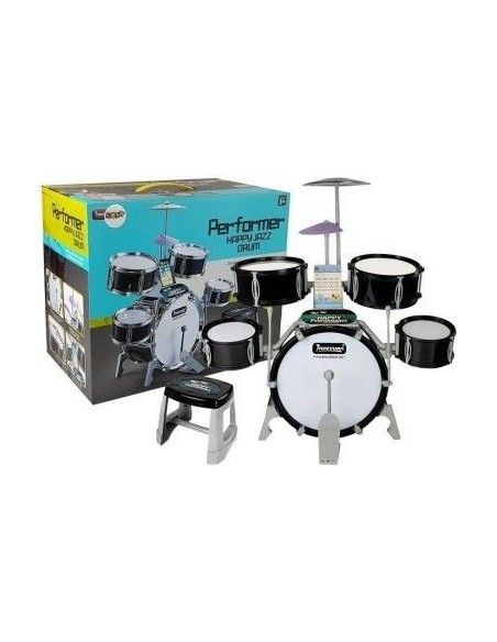 Set de tobe muzicale de jucarie pentru copii, cu scaunel, negre