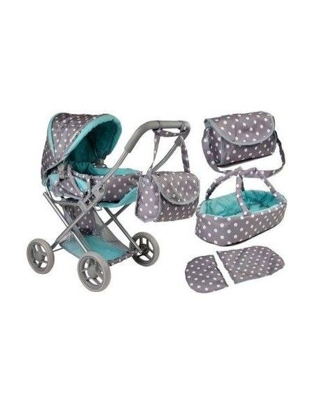 Carucior pentru papusi cu landou, gri cu turcoaz, LeanToys, 7695