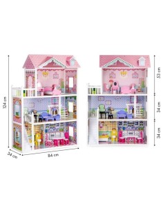 Jucarie casuta de papusi XXL, pentru fetite, din lemn,  3 etaje, 5 camere si 18 piese de mobilier, 124x84 cm, Ecotoys, HM006604  2