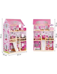 Jucarie casuta de papusi, pentru fetite, din lemn, cu iluminare LED, 3 etaje, 5 camere si 17 piese mobilier, Ecotoys, HM006391 p 2