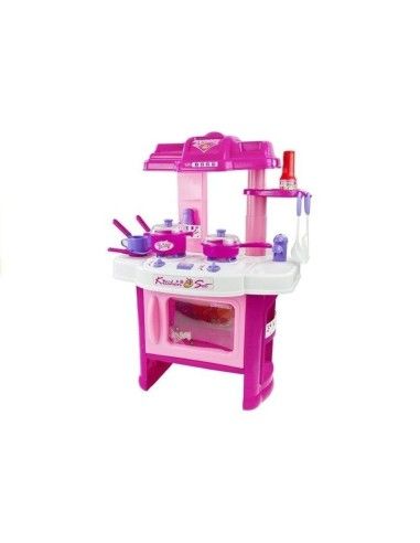 Bucatarie din plastic pentru copii, cu accesorii de bucatarie, lumini si sunete, alb/roz, LeanToys, 733 produse de calitate pent