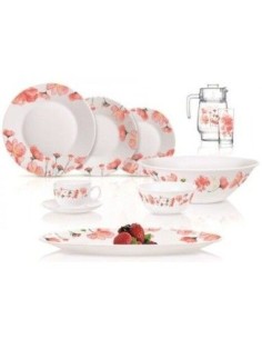 Set serviciu de masa alb-roz cu flori, 6 persoane, Luminarc Essence Dalary, 46 piese, farfurii cu diverse marimi, cesti,