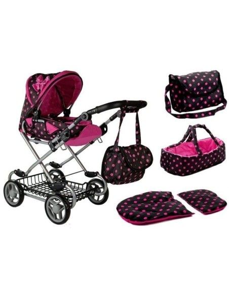 Carucior pentru papusi cu landou, negru cu buline roz, LeanToys, 5251 produse de calitate pentru copii, baieti si fete LeanToys 