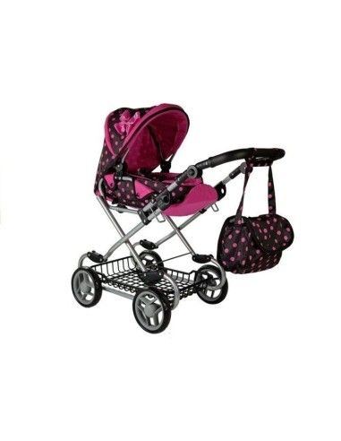 Carucior pentru papusi cu landou, negru cu buline roz, LeanToys, 5251 produse de calitate pentru copii, baieti si fete LeanToys 
