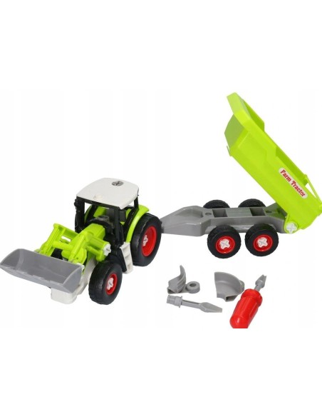 Tractor de jucarie demontabil, cu remorca si cupa pentru lemne, 44 cm, KM282