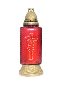 Candela de sticla, rosie si cu capac auriu, model Cruce 294