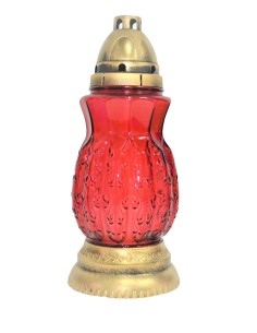 Candela de sticla, rosie si cu capac auriu, model 280