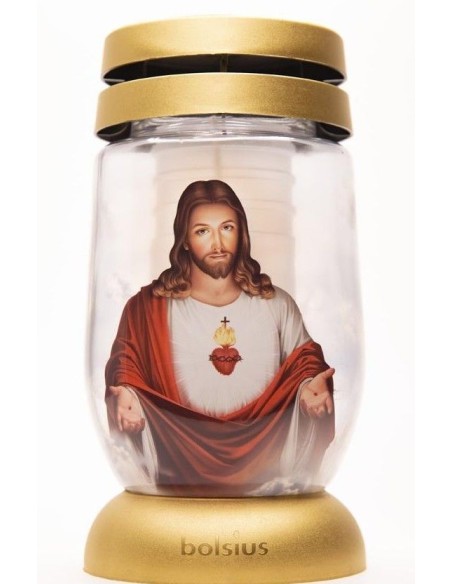 Candela mare Bolsius, din sticla cu capac, Fiul Domnului Iisus Hristos