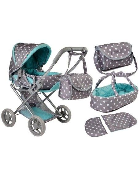 Carucior pentru papusi cu landou, gri cu turcoaz, LeanToys, 7695 produse de calitate pentru copii, baieti si fete LeanToys 