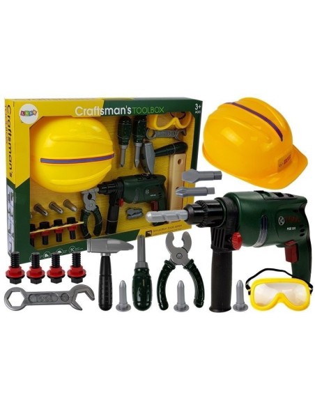 Set cadou scule joaca copii, bormasina burghiu, casca, LeanToys, 7569