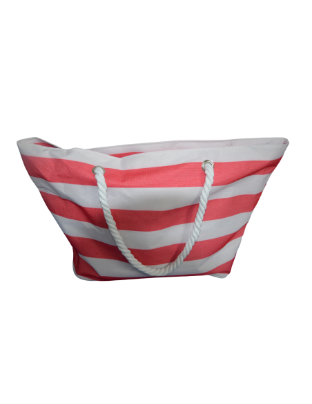 Geanta de plaja, din material textil, dungi alb-rosu, 59x19x40cm