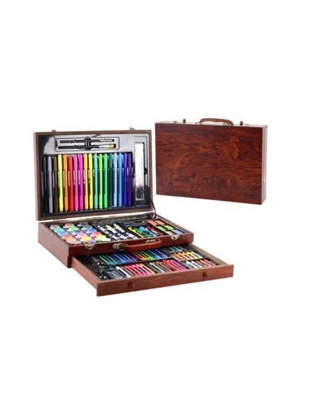 Set complet pentru pictura si desen, 123 piese, intr-o valiza lemn