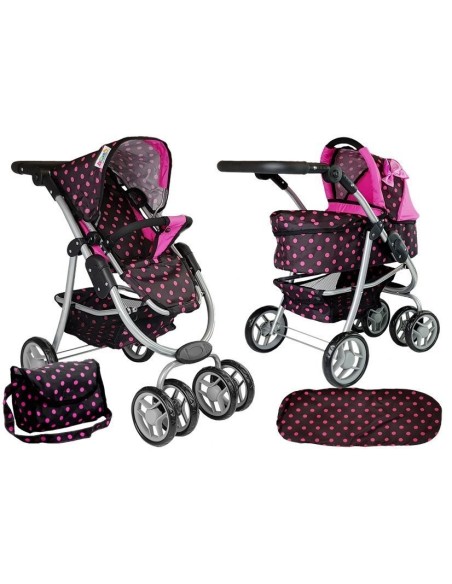 Carucior pentru papusi, negru cu buline roz, 2 in 1, LeanToys, 7706