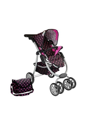 Carucior pentru papusi, negru cu buline roz, 2 in 1, LeanToys, 7706