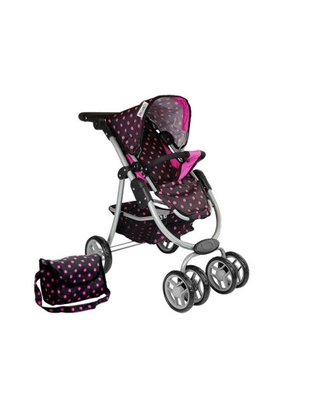 Carucior pentru papusi, negru cu buline roz, 2 in 1, LeanToys, 7706